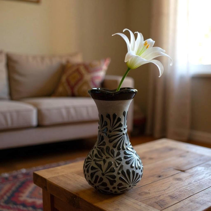 Hand Painted Mexican Black Clay and Black Rustic Clover Rim Vase (Cielito Lindo Inspired)