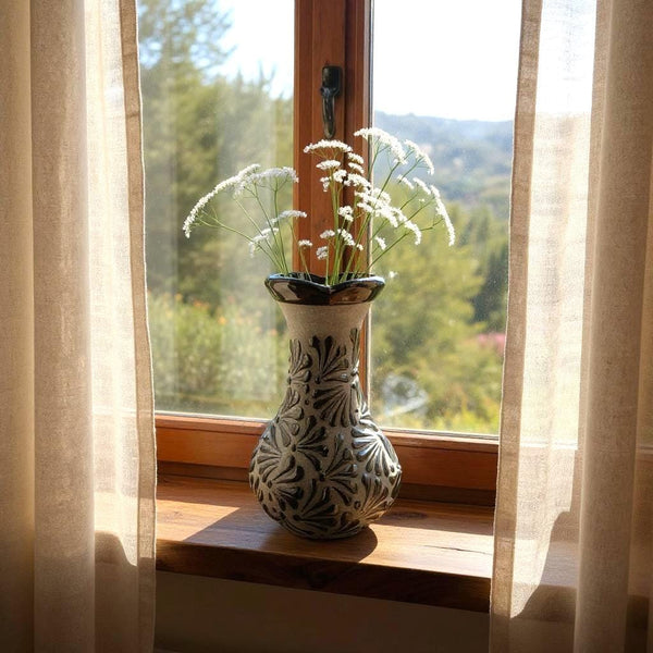 Hand Painted Mexican Black Clay and Black Rustic Clover Rim Vase (Cielito Lindo Inspired)