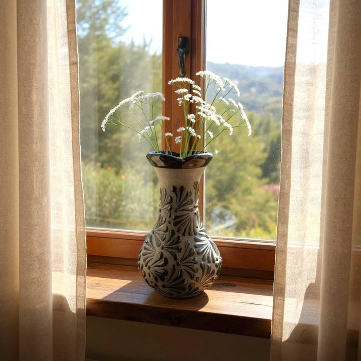 Hand Painted Mexican Black Clay and Black Rustic Clover Rim Vase (Cielito Lindo Inspired)