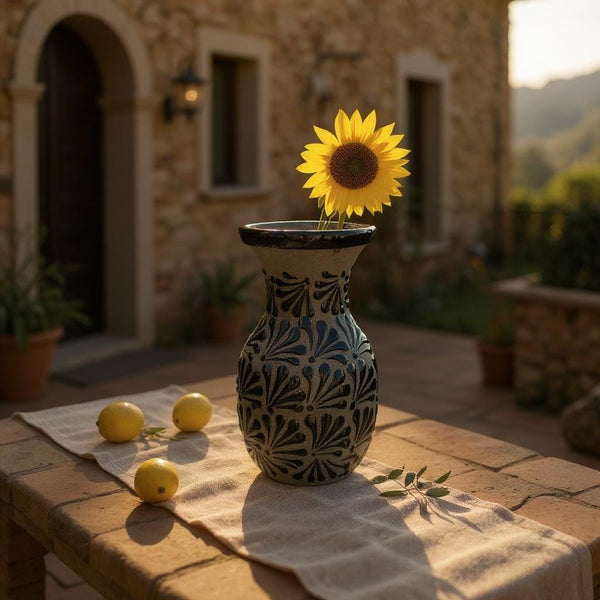 Hand Painted Mexican Black Clay and Black Rustic Vase (Cielito Lindo Inspired)