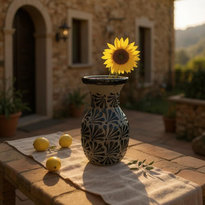 Hand Painted Mexican Black Clay and Black Rustic Vase (Cielito Lindo Inspired)