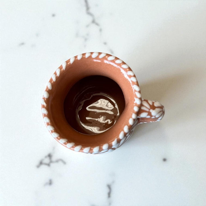 Hand Painted Mexican Talavera Brown and White Cantarito with Handle Coffee Mug (Cielito Lindo Inspired) – Set of 2