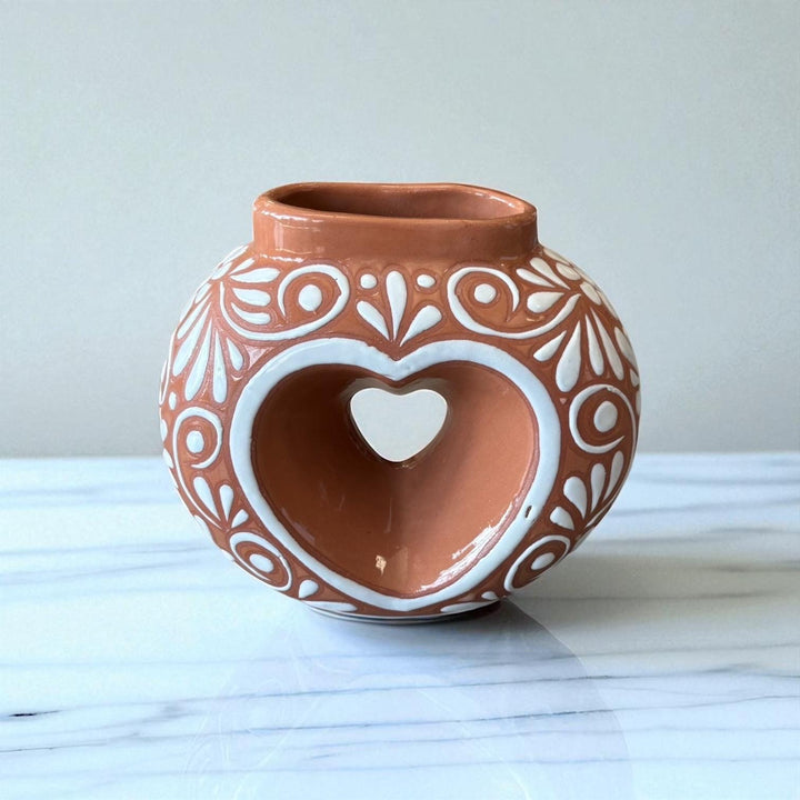 Hand Painted Mexican Talavera Brown and White Floral Heart Donut Vase