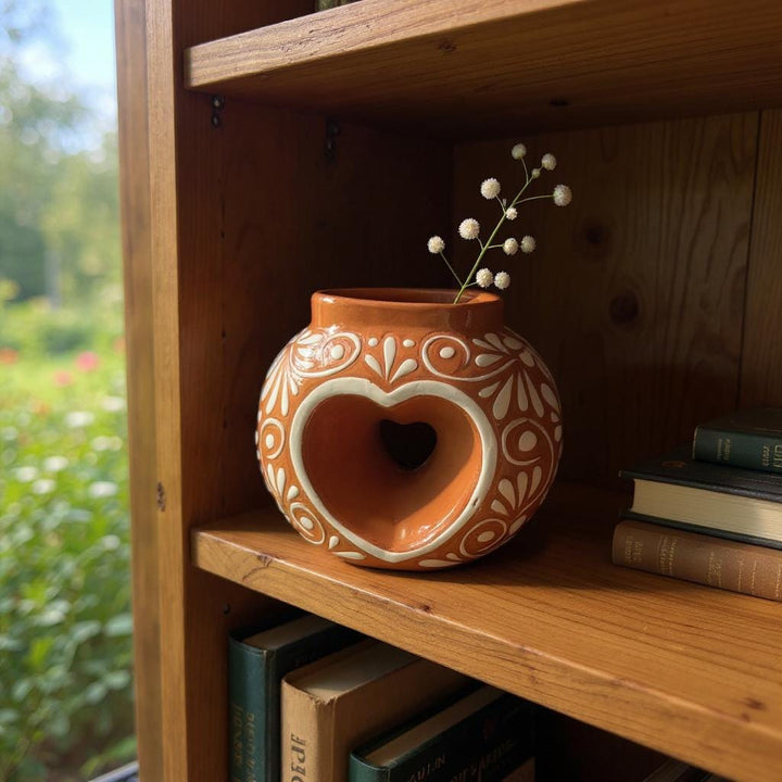 Hand Painted Mexican Talavera Brown and White Floral Heart Donut Vase