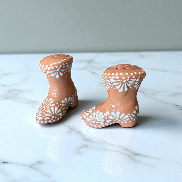 Hand Painted Mexican Talavera Brown and White Cowboy Boot Salt & Pepper Shaker Set