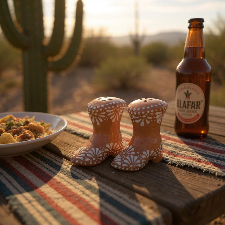 Hand Painted Mexican Talavera Brown and White Cowboy Boot Salt & Pepper Shaker Set