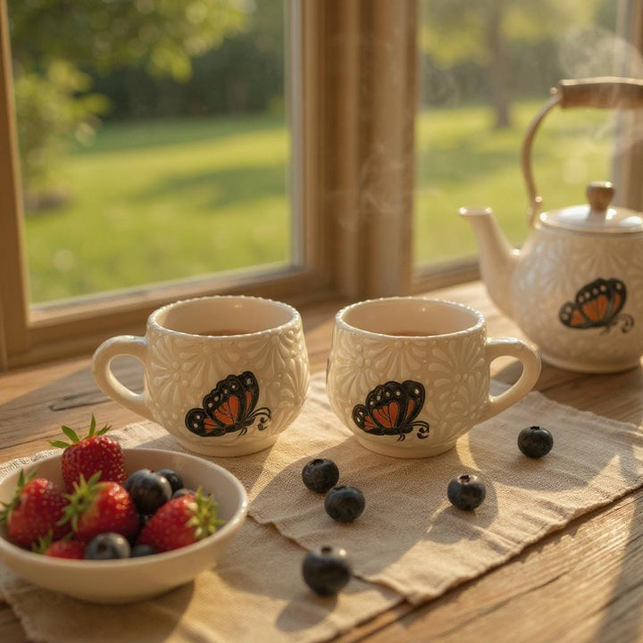 Beautiful Hand Painted Talavera Ivory and White Monarch Butterfly Small Mug – Set of 2