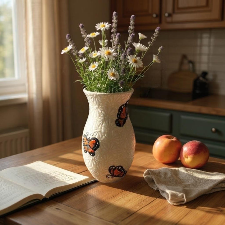 Hand Painted Ivory and White Monarch Butterfly Talavera Flower Vase (Cielito Lindo Inspired)