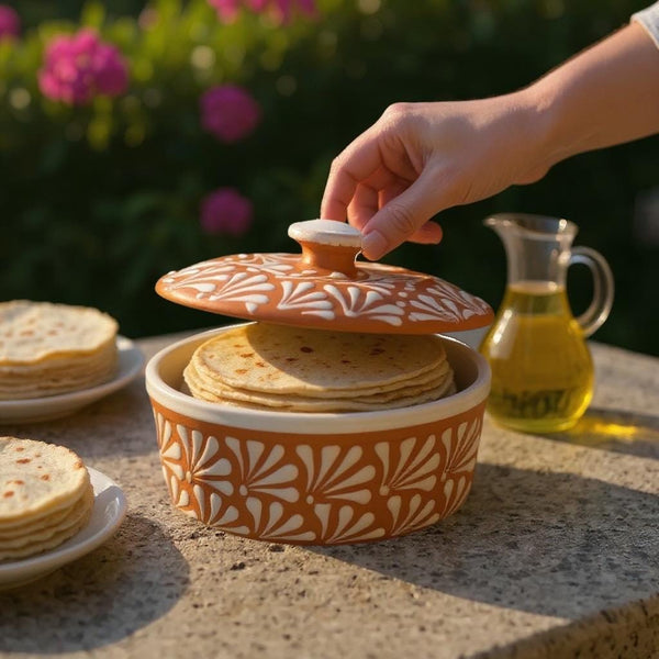 Hand Painted Clay Brown and White Rustic Tortilla Warmer “Tortillero” (Cielito Lindo Inspired)