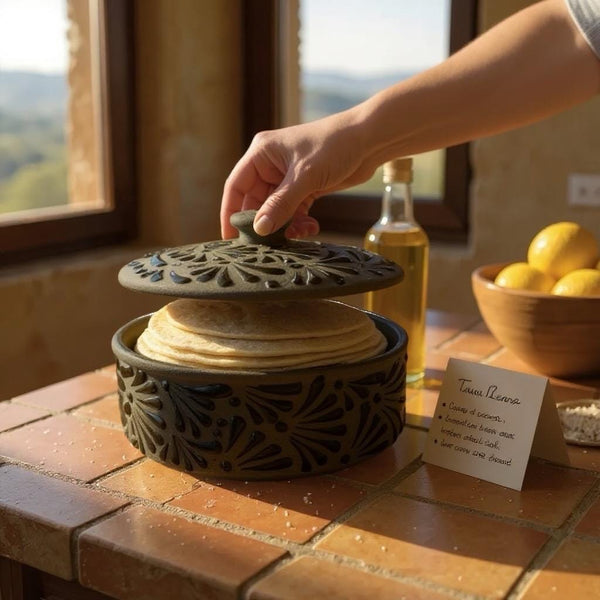Hand Painted Black Clay and Black Rustic Tortilla Warmer “Tortillero” (Cielito Lindo Inspired)