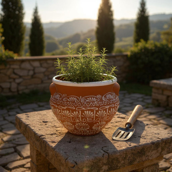 Hand Painted Terracotta & White Rustic Pot with Faux Handles (Varying Design) – Free Shipping (Contiguous U.S. Only)