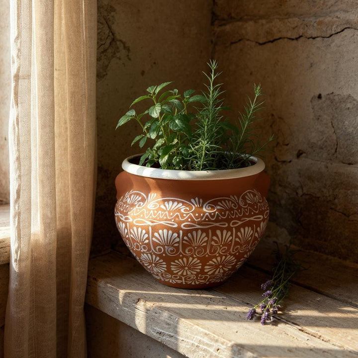 Hand Painted Terracotta & White Rustic Pot with Faux Handles (Varying Design) – Free Shipping (Contiguous U.S. Only)