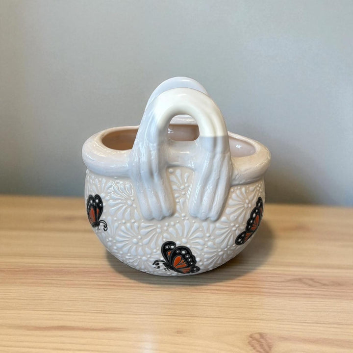 Ivory and White Hand Painted Monarch Butterfly Talavera Basket Vase Pot (Cielito Lindo Inspired)