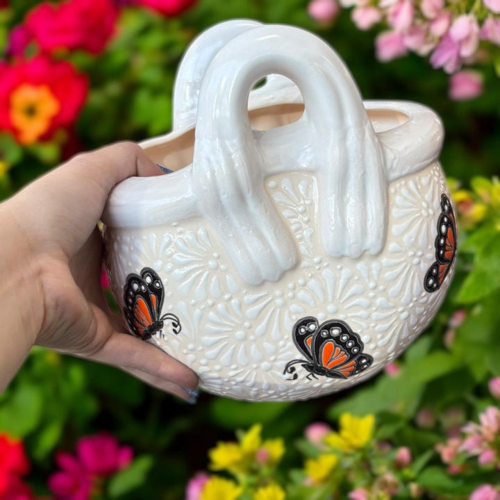 Ivory and White Hand Painted Monarch Butterfly Talavera Basket Vase Pot (Cielito Lindo Inspired)
