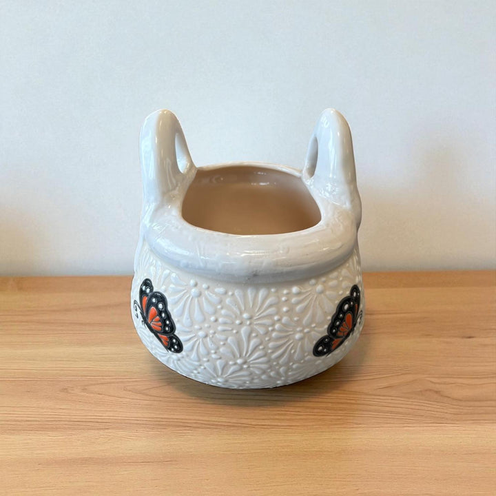 Ivory and White Hand Painted Monarch Butterfly Talavera Basket Vase Pot (Cielito Lindo Inspired)
