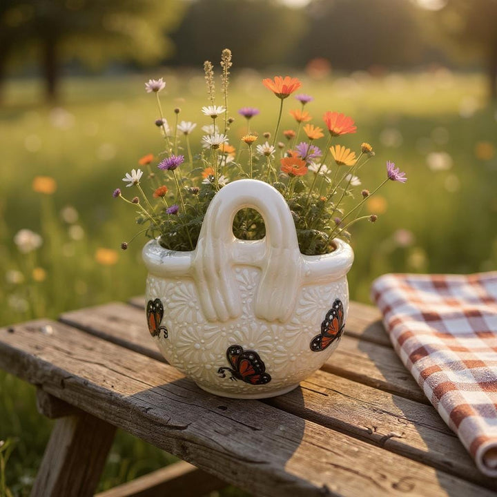 Ivory and White Hand Painted Monarch Butterfly Talavera Basket Vase Pot (Cielito Lindo Inspired)