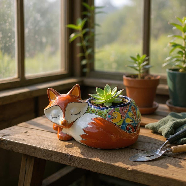 Cute Hand Painted Mexican Talavera Brown Fox Animal Planter Pot (Varying Design)