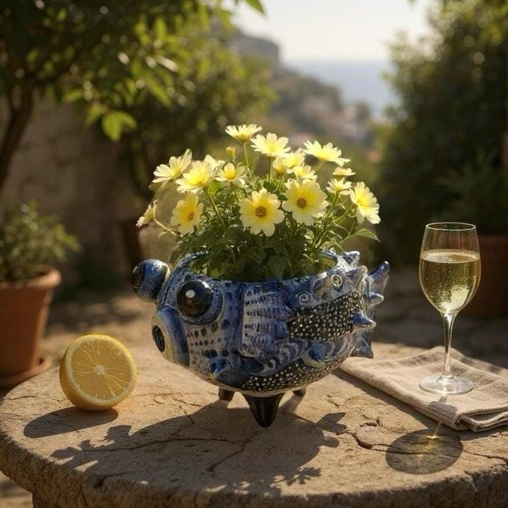Beautiful Hand Painted Mexican Talavera Dark Blue Pufferfish Planter Pot – Free Shipping (Contiguous U.S. Only)
