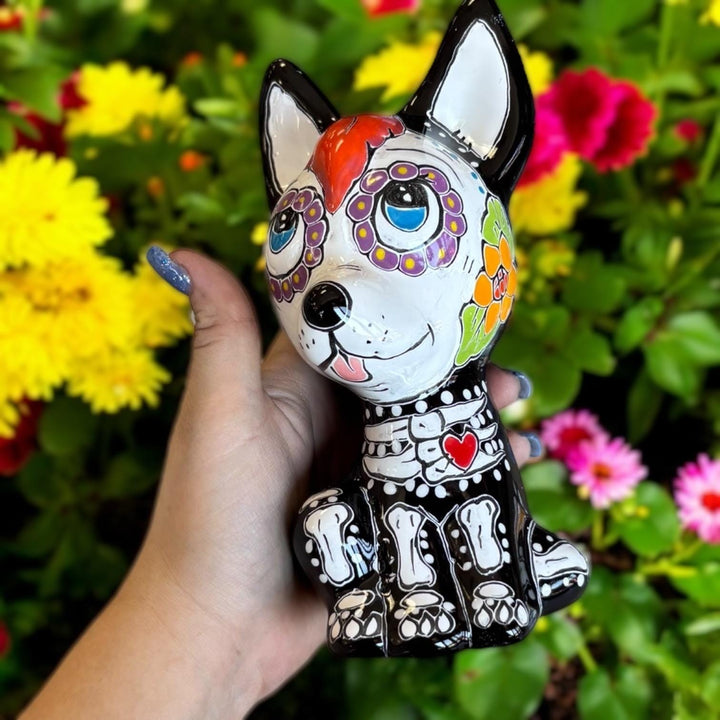 Cute Day of the Dead Hand Painted Talavera Floral Skeleton Xoloitzcuintli “Xolo” Mexican Dog Figure (Varying Design)