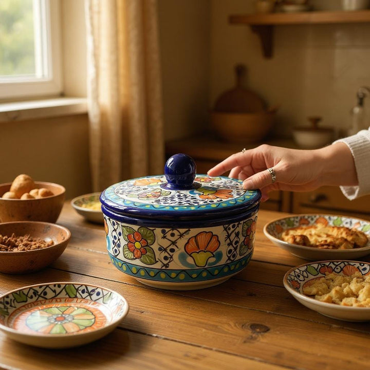 Hand Painted Dark Blue Floral Talavera Tortilla Warmer “Tortillero”