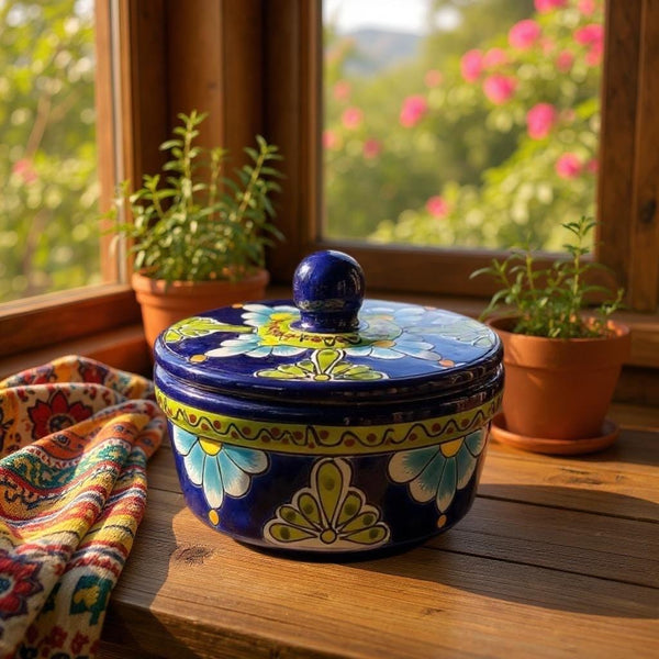 Hand Painted Dark Blue & Green Floral Mexican Talavera Tortilla Warmer “Tortillero”