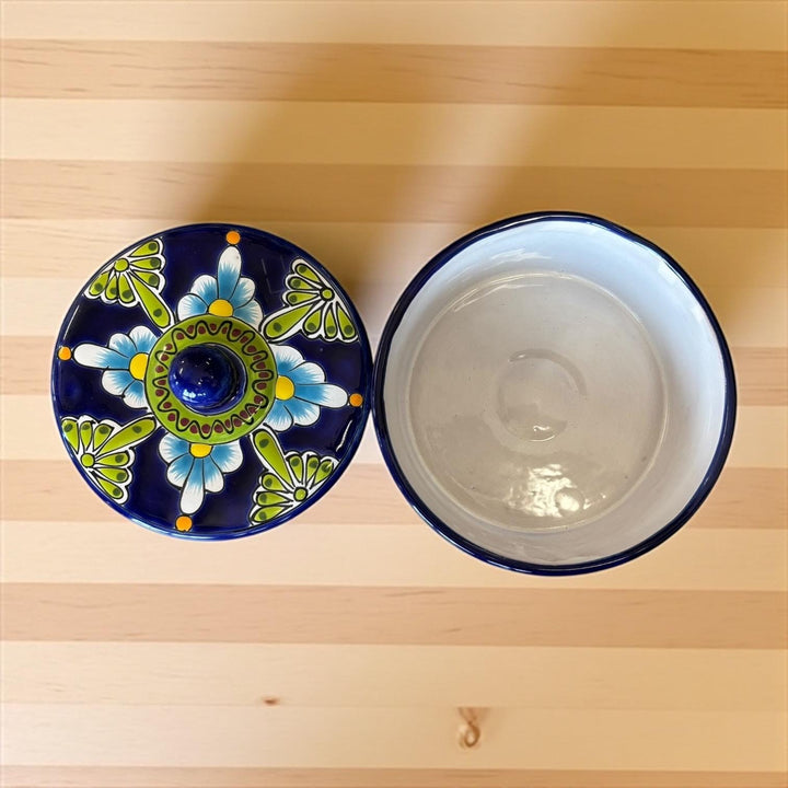 Hand Painted Dark Blue & Green Floral Mexican Talavera Tortilla Warmer “Tortillero”