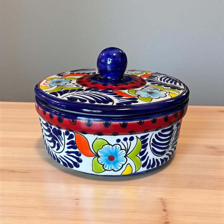 Hand Painted Dark Blue & Red Floral Mexican Talavera Tortilla Warmer “Tortillero”
