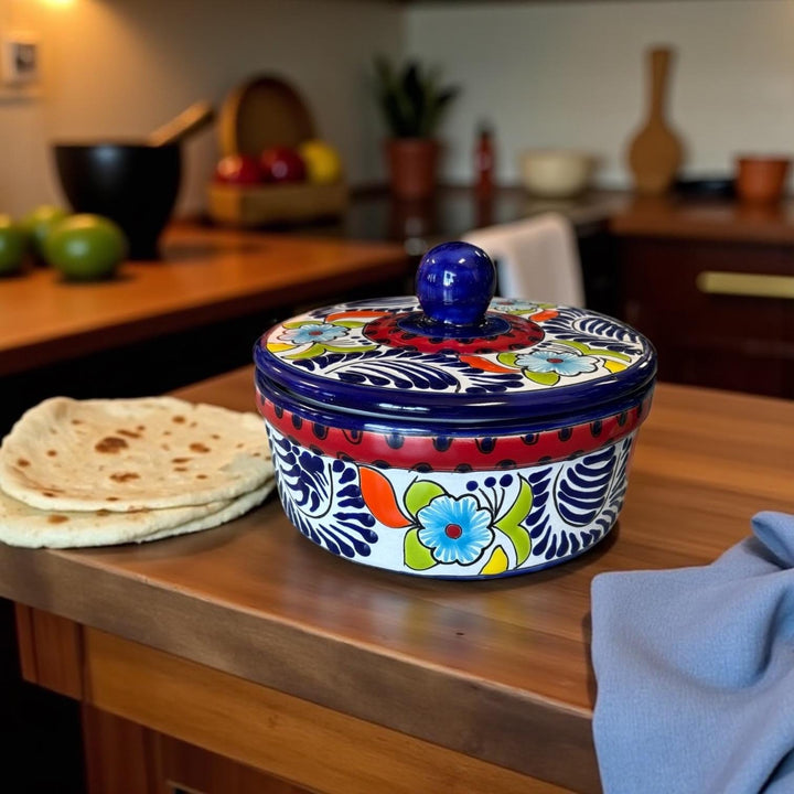 Hand Painted Dark Blue & Red Floral Mexican Talavera Tortilla Warmer “Tortillero”