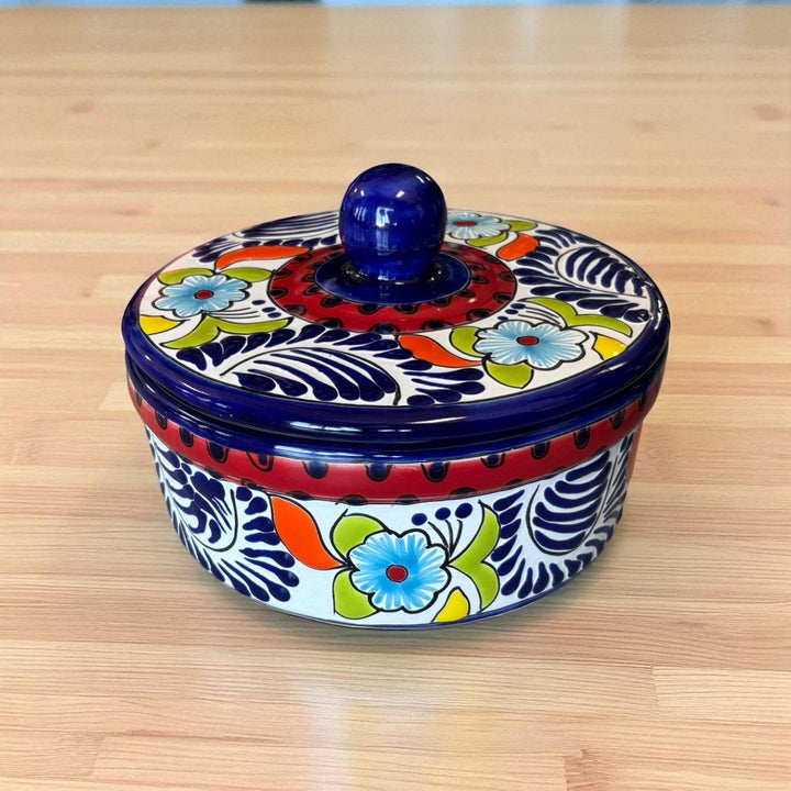 Hand Painted Dark Blue & Red Floral Mexican Talavera Tortilla Warmer “Tortillero”