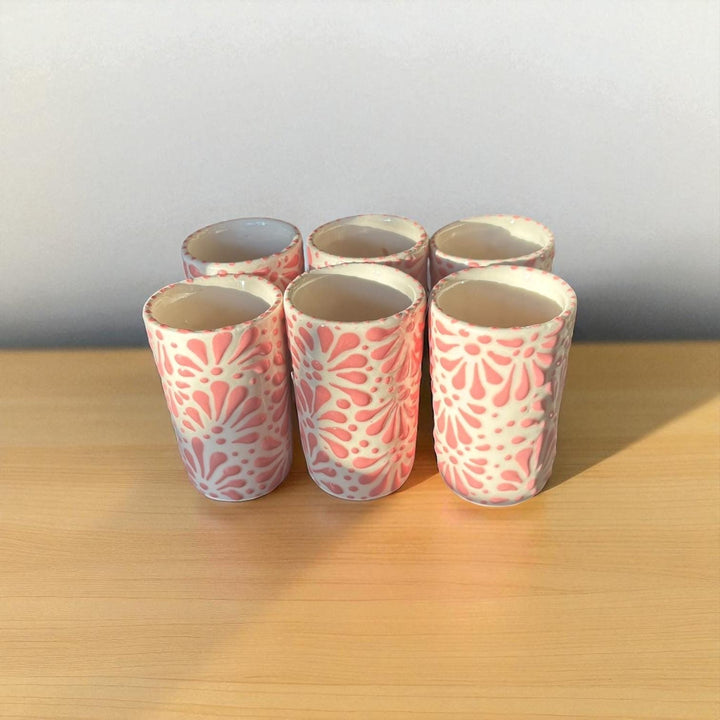 Hand Painted Talavera Ivory and Pink Cielito Lindo Shot Glass “Tequilero” – Assorted Quantities