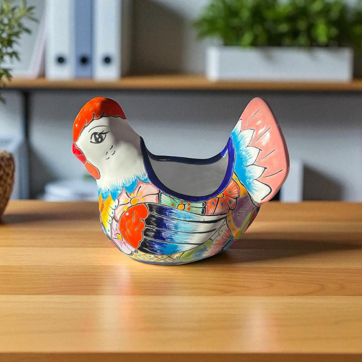 Beautiful Hand Painted Mexican Talavera Blue & Pink Tail Chicken Hen Planter Pot