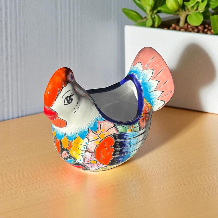 Beautiful Hand Painted Mexican Talavera Blue & Pink Tail Chicken Hen Planter Pot