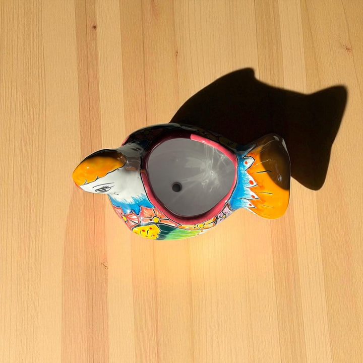 Beautiful Hand Painted Mexican Talavera Blue & Orange Tail Chicken Hen Planter Pot