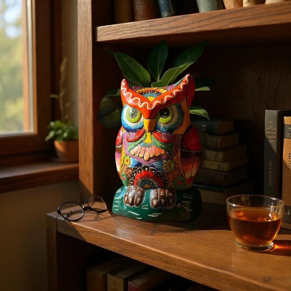Beautiful Hand Painted Colorful Talavera Orange & White Eyebrow Owl Planter Pot