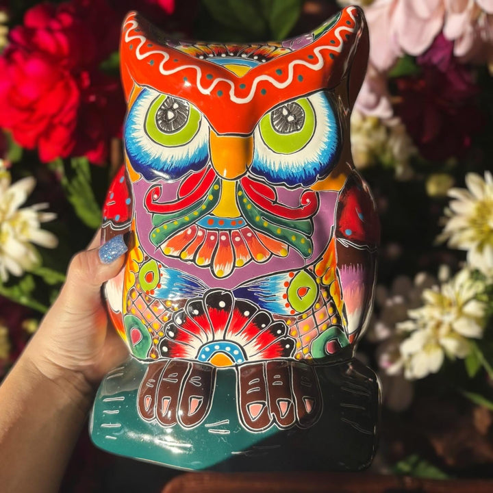 Beautiful Hand Painted Colorful Talavera Orange & White Eyebrow Owl Planter Pot