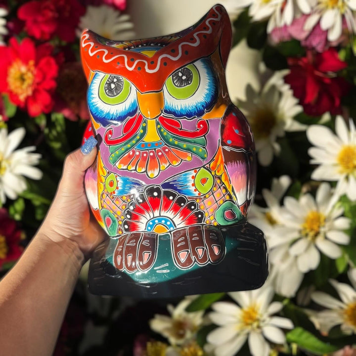 Beautiful Hand Painted Colorful Talavera Orange & White Eyebrow Owl Planter Pot