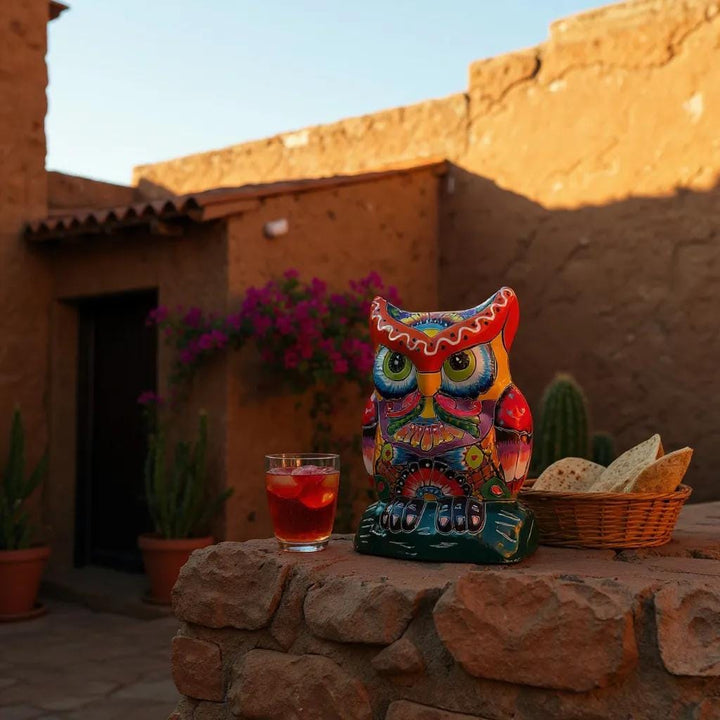 Beautiful Hand Painted Colorful Talavera Orange & White Eyebrow Owl Planter Pot