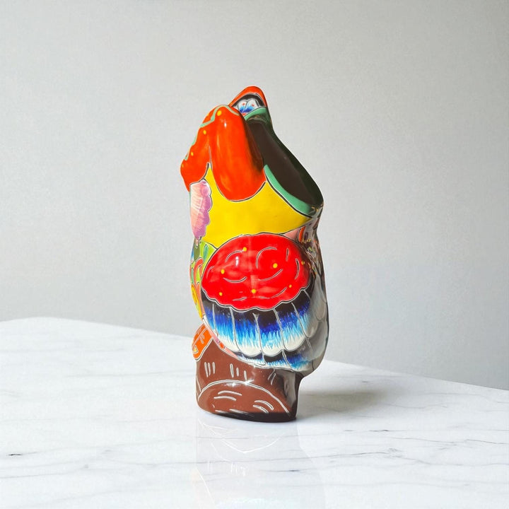 Beautiful Hand Painted Colorful Talavera Orange & Green Eyebrow Owl Planter Pot