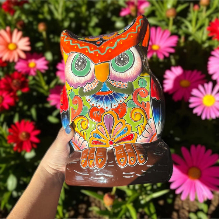 Beautiful Hand Painted Colorful Talavera Orange & Green Eyebrow Owl Planter Pot