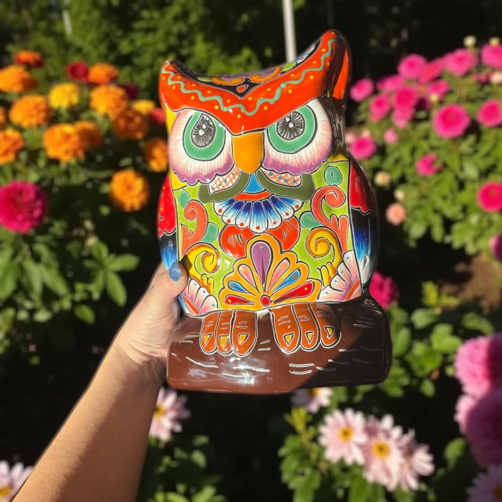 Beautiful Hand Painted Colorful Talavera Orange & Green Eyebrow Owl Planter Pot