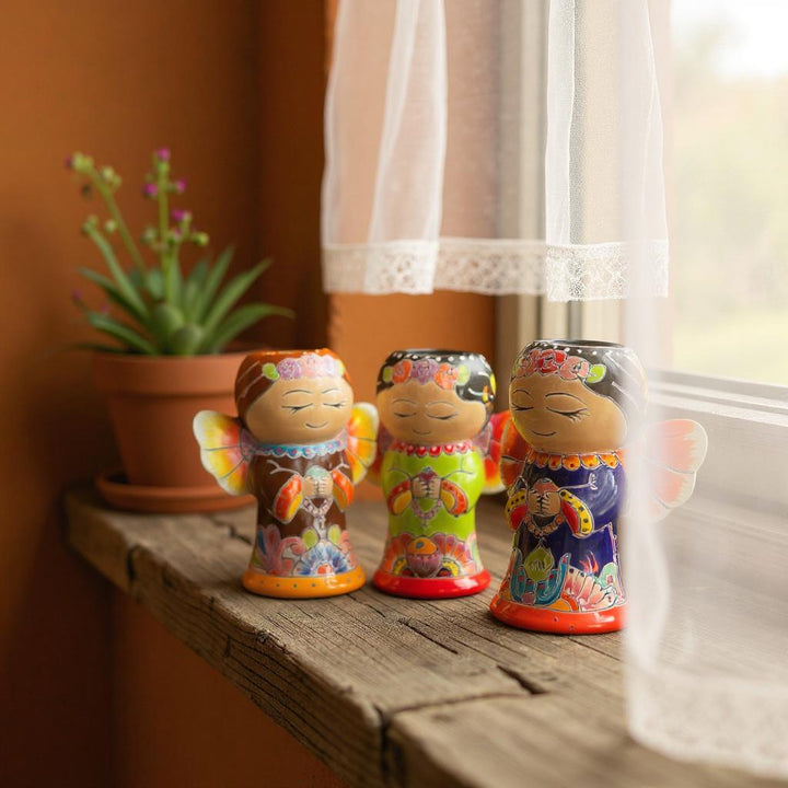 Cute Hand Painted Mexican Talavera Rosemary Praying Angel Mini Planter Pot – Assorted Designs