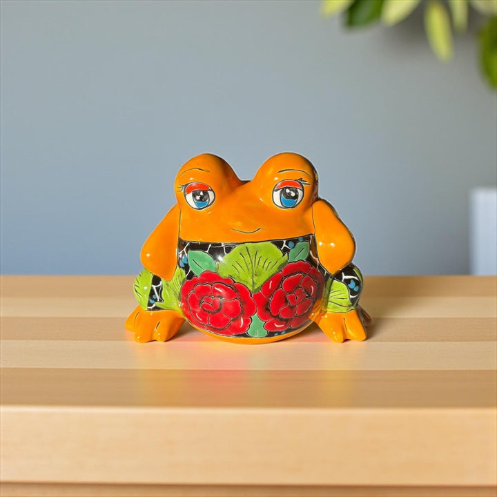 Cute Hand Painted Small Orange Rose Talavera Frog Planter Pot