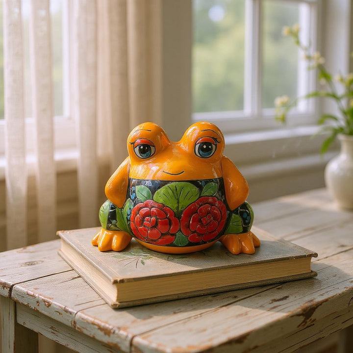 Cute Hand Painted Small Orange Rose Talavera Frog Planter Pot