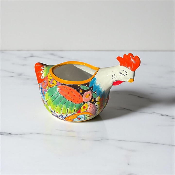Beautiful Hand Painted Mexican Talavera Sleeping White Chicken Hen Planter Pot