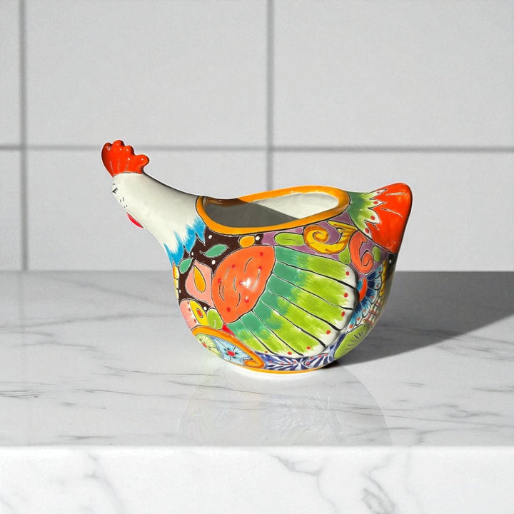 Beautiful Hand Painted Mexican Talavera Sleeping White Chicken Hen Planter Pot