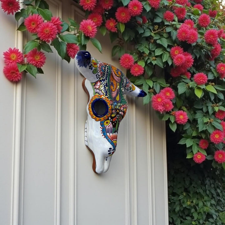 Hand Painted Talavera Rustic Bull Skull Garden Wall Decor – Assorted Designs