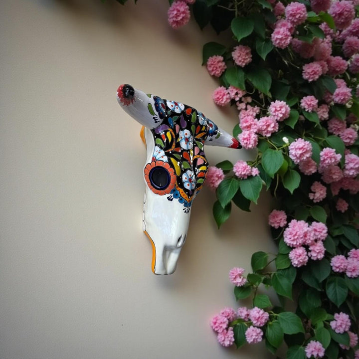 Hand Painted Talavera Rustic Bull Skull Garden Wall Decor – Assorted Designs