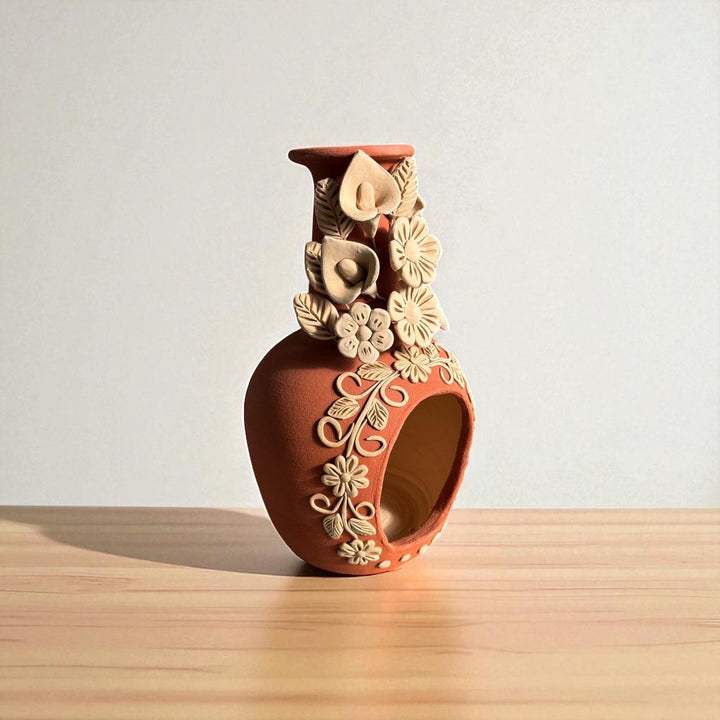 Hand Sculpted Countertop Natural Clay Floral Mexican Folkart Chimney “Chimenea de Barro” From Oaxaca