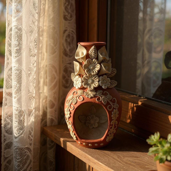 Hand Sculpted Countertop Natural Clay Floral Mexican Folkart Chimney “Chimenea de Barro” From Oaxaca