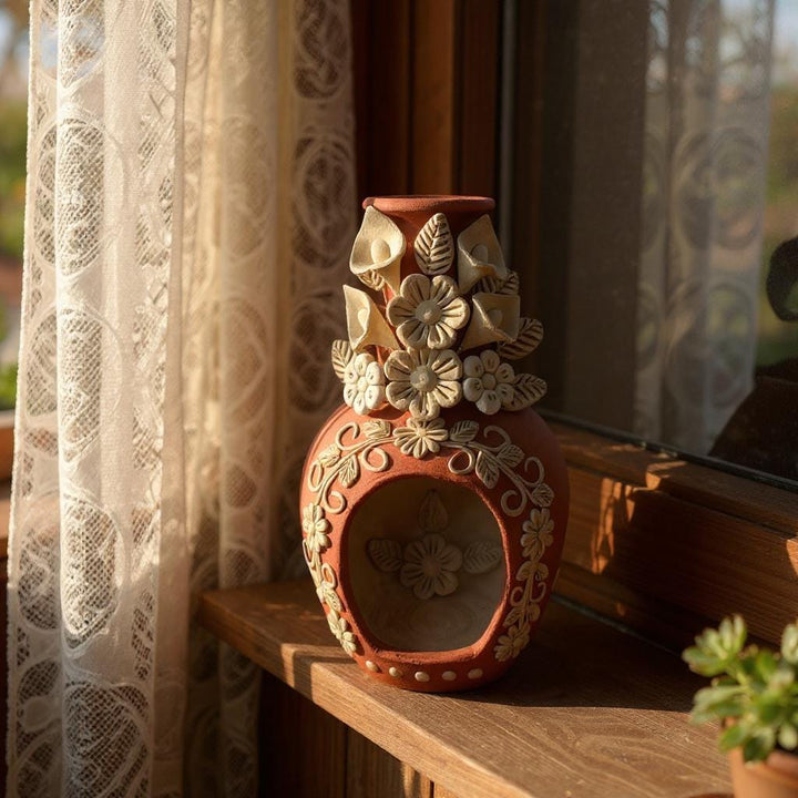 Hand Sculpted Countertop Natural Clay Floral Mexican Folkart Chimney “Chimenea de Barro” From Oaxaca